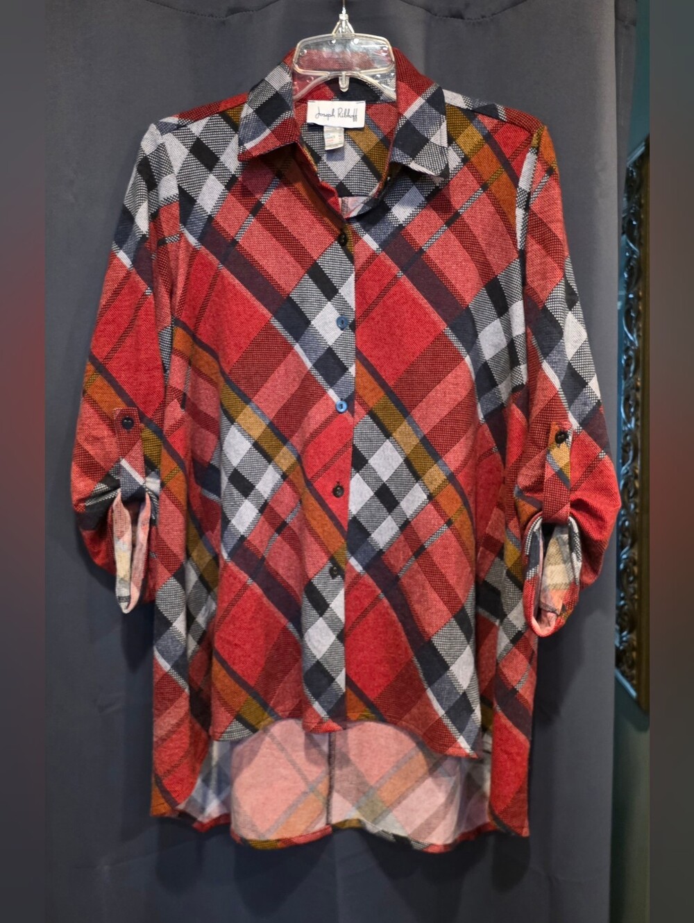 Joseph Ribkoff Red, Black & White Plaid Roll-Tab Button Shirt 10